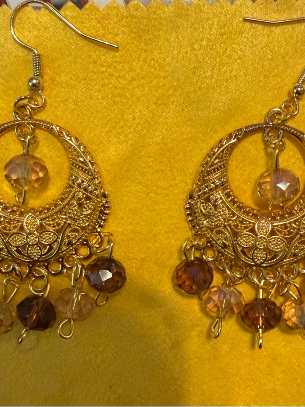 Hand Made Gold-Tone Filigree Hoop Earrings with Amber Beads - Women Jewelry